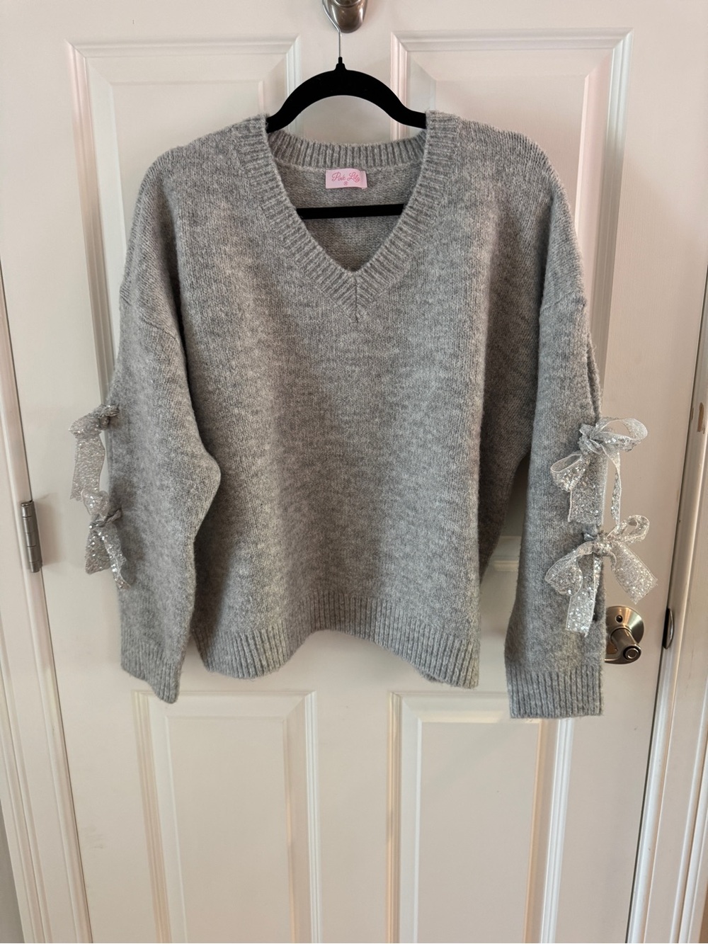 Pink Lily Gray V-Neck Sweater with Sparkle Bow Sleeves